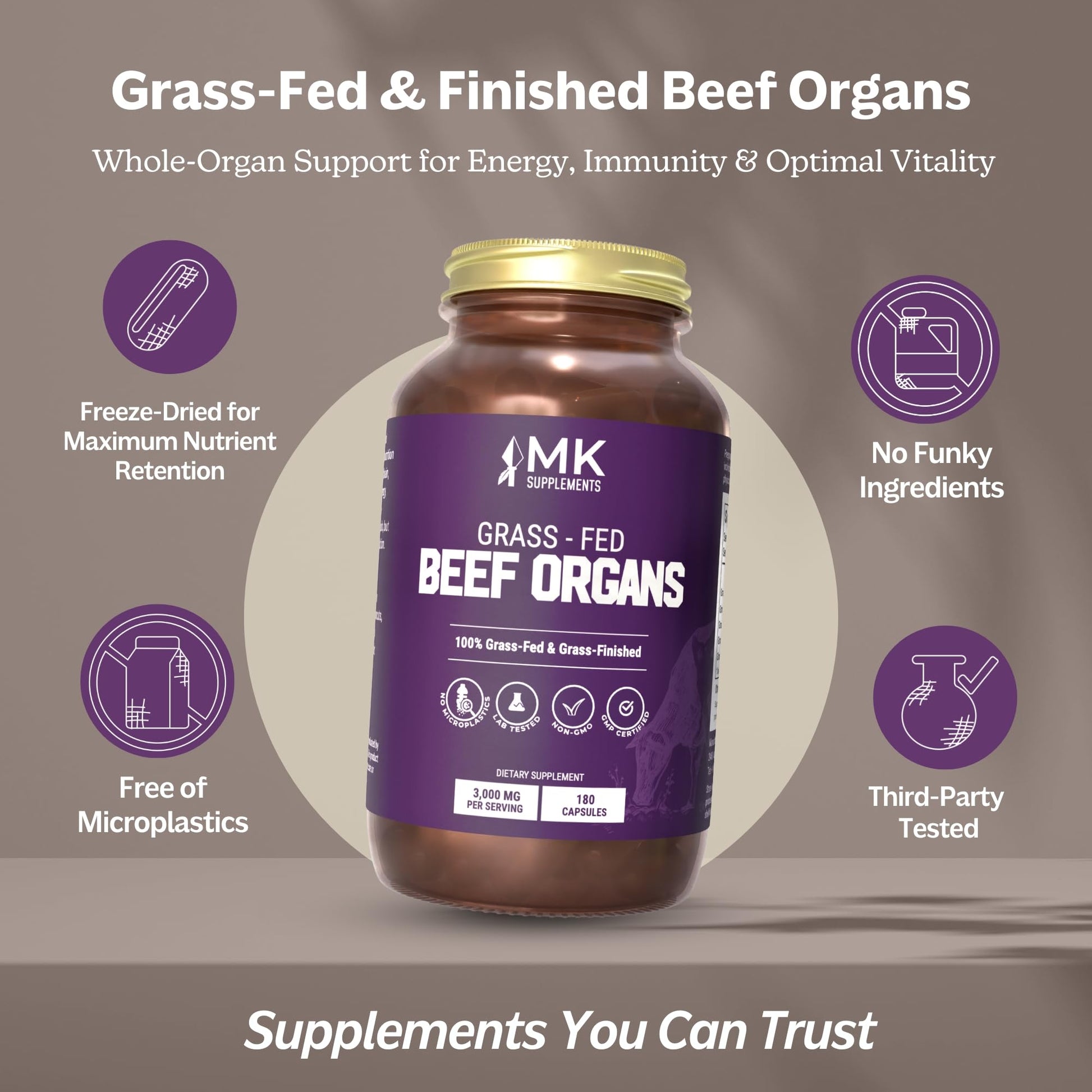 MK Supplements Grass-Fed Beef Organs Capsules | 5 Organs in Nature-Identical Ratios | B12, Copper & Heme Iron | Regeneratively Raised | 150 Capsules - dailyvitalstore