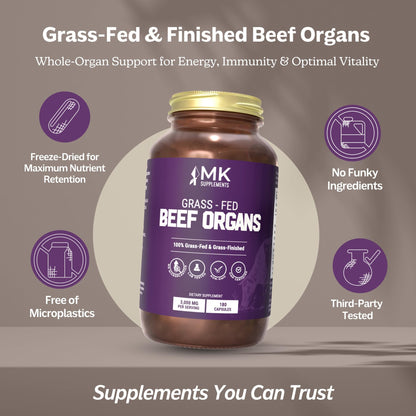MK Supplements Grass-Fed Beef Organs Capsules | 5 Organs in Nature-Identical Ratios | B12, Copper & Heme Iron | Regeneratively Raised | 150 Capsules - dailyvitalstore