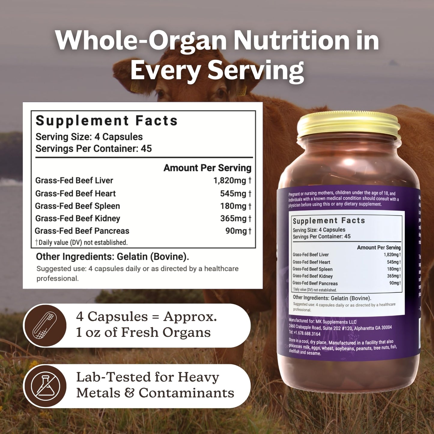 MK Supplements Grass-Fed Beef Organs Capsules | 5 Organs in Nature-Identical Ratios | B12, Copper & Heme Iron | Regeneratively Raised | 150 Capsules - dailyvitalstore