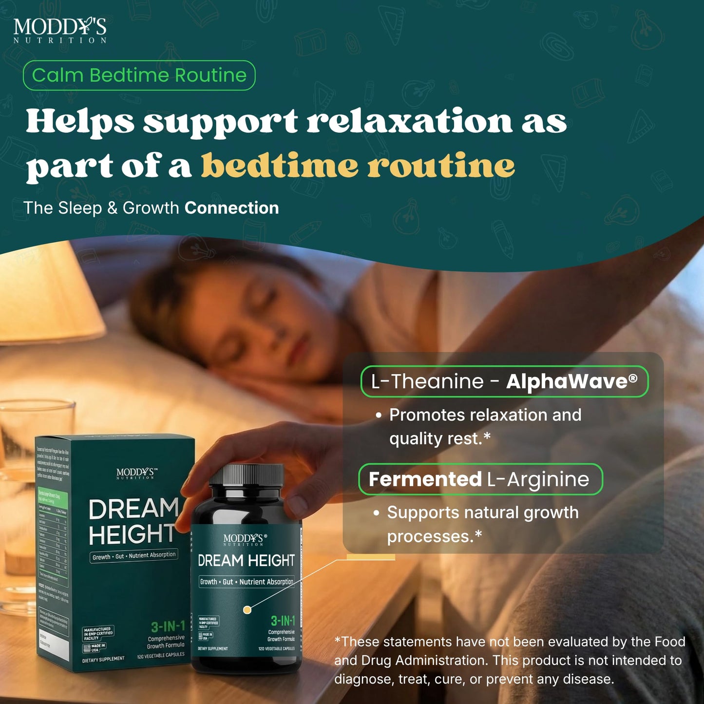 Moddy's Nutrition DreamHeight Growth Supplement for Kids & Teens, Bone, Immune & Sleep Support, Clinically Studied Formula, 120 Small Easy-to-Swallow Capsules - dailyvitalstore