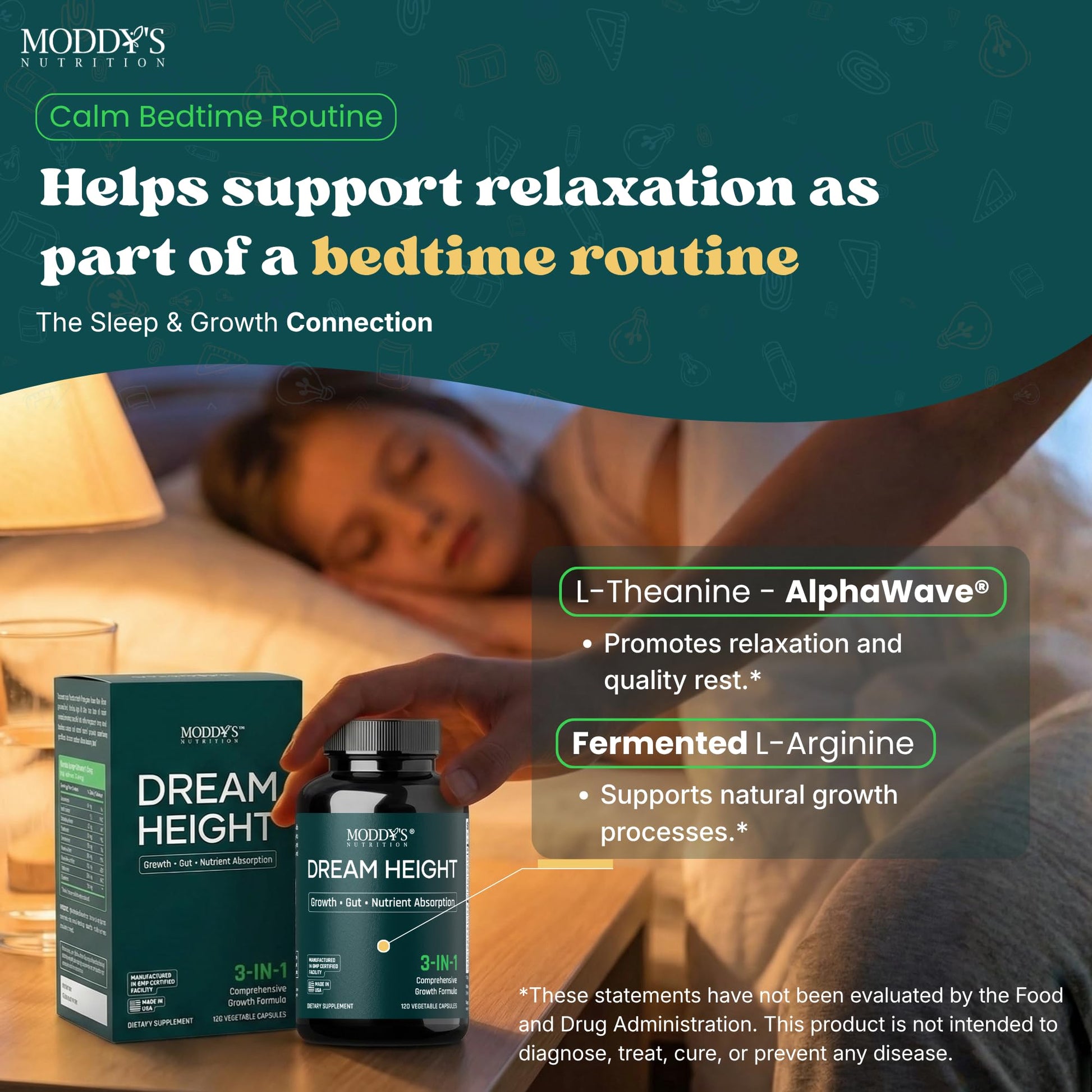 Moddy's Nutrition DreamHeight Growth Supplement for Kids & Teens, Bone, Immune & Sleep Support, Clinically Studied Formula, 120 Small Easy-to-Swallow Capsules - dailyvitalstore