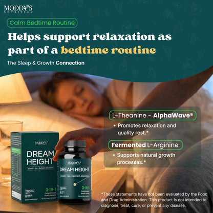 Moddy's Nutrition DreamHeight Growth Supplement for Kids & Teens, Bone, Immune & Sleep Support, Clinically Studied Formula, 120 Small Easy-to-Swallow Capsules - dailyvitalstore