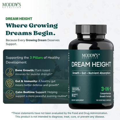 Moddy's Nutrition DreamHeight Growth Supplement for Kids & Teens, Bone, Immune & Sleep Support, Clinically Studied Formula, 120 Small Easy-to-Swallow Capsules - dailyvitalstore