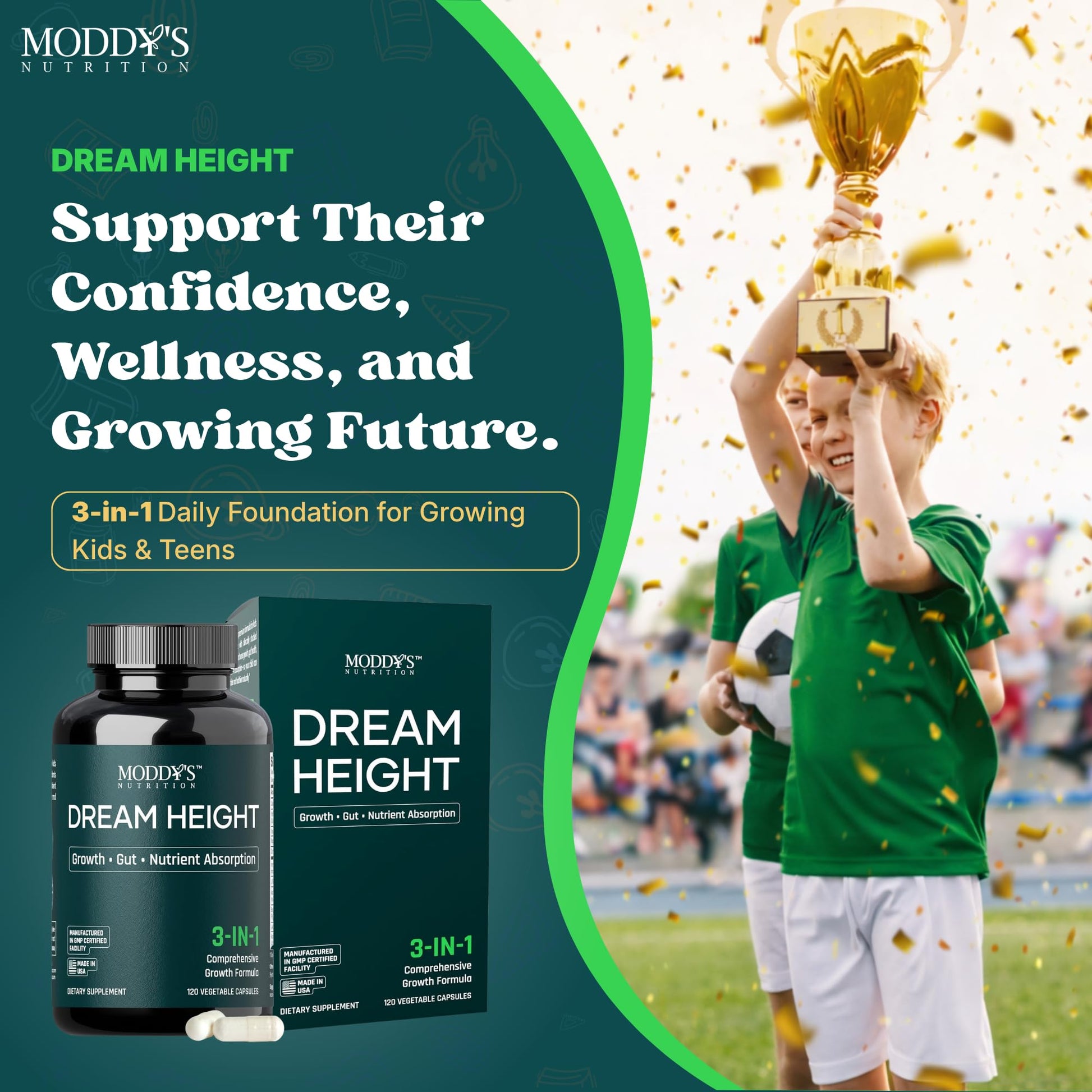 Moddy's Nutrition DreamHeight Growth Supplement for Kids & Teens, Bone, Immune & Sleep Support, Clinically Studied Formula, 120 Small Easy-to-Swallow Capsules - dailyvitalstore