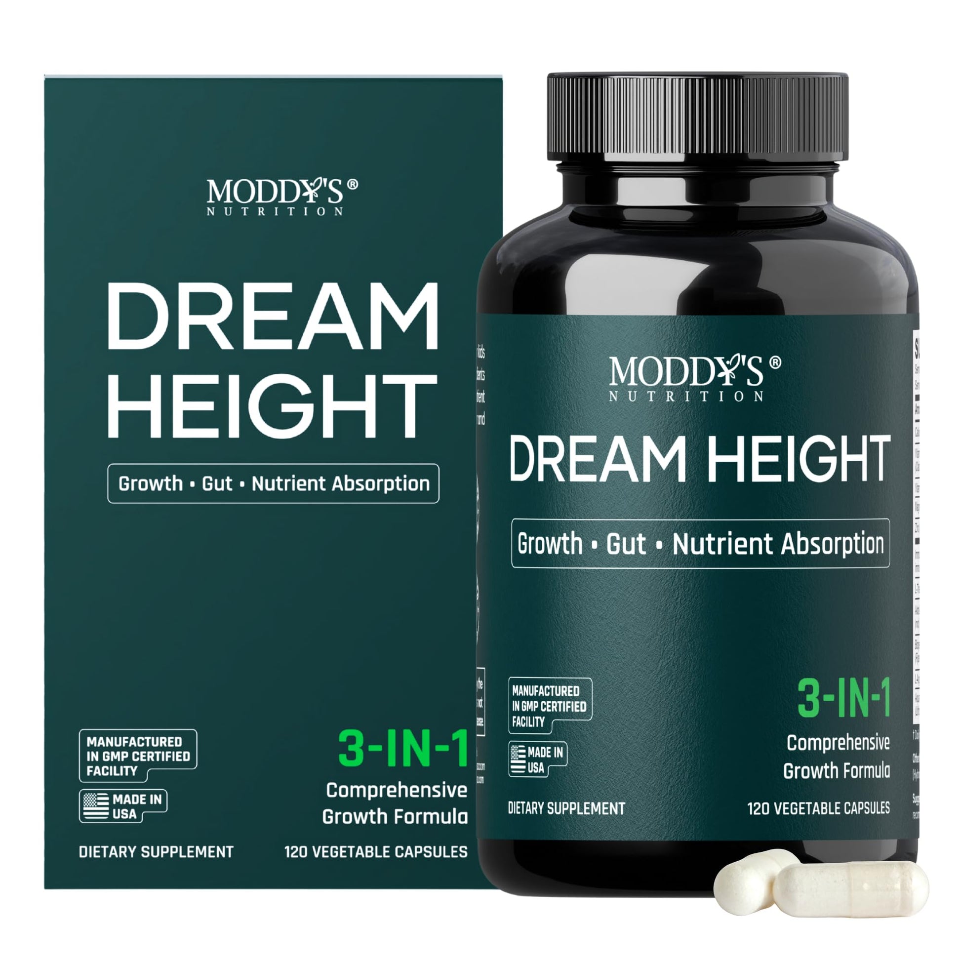 Moddy's Nutrition DreamHeight Growth Supplement for Kids & Teens, Bone, Immune & Sleep Support, Clinically Studied Formula, 120 Small Easy-to-Swallow Capsules - dailyvitalstore