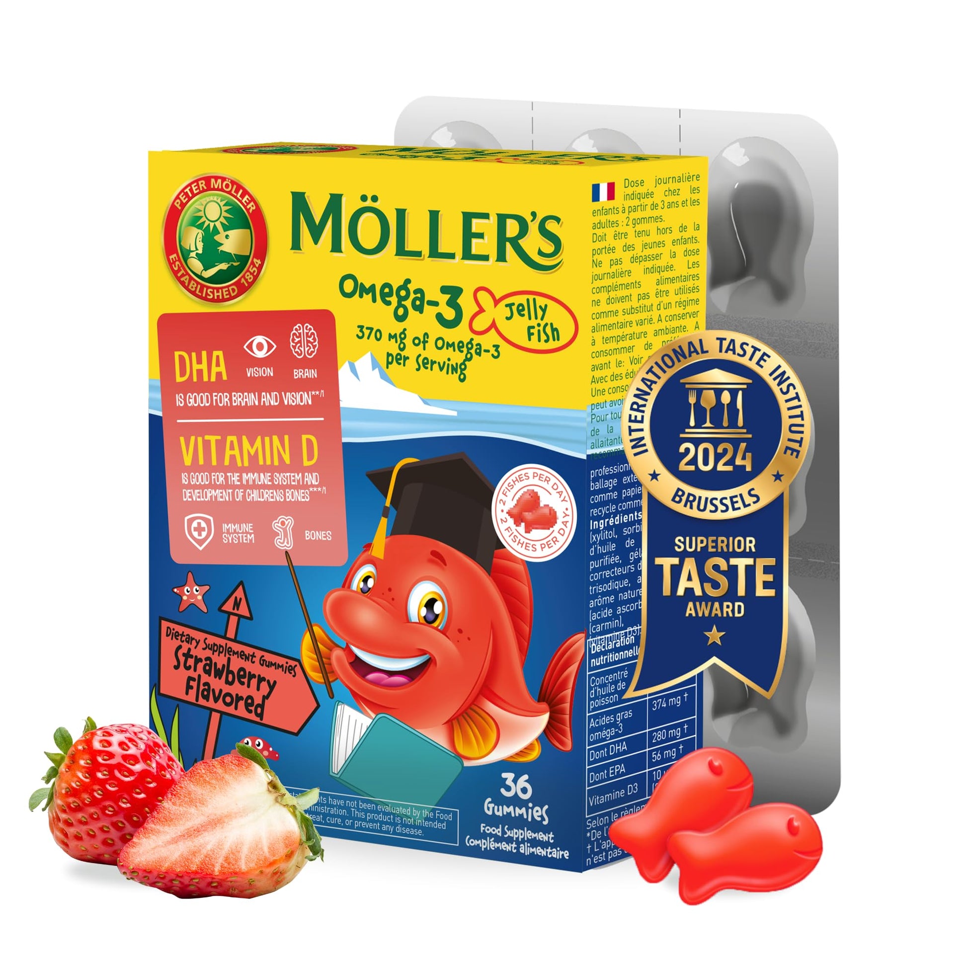 MÖLLER'S Omega 3 Capsules, Natural Fish Oil Omega3 for Kids with DHA and EPA, No Gluten, Lactose or Added Sugar & Easy to Chew, Strawberry Flavor, 36 Capsules - dailyvitalstore