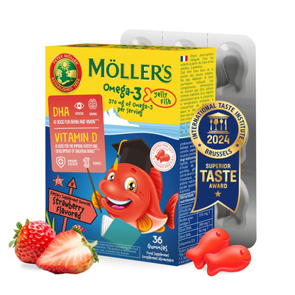 MÖLLER'S Omega 3 Capsules, Natural Fish Oil Omega3 for Kids with DHA and EPA, No Gluten, Lactose or Added Sugar & Easy to Chew, Strawberry Flavor, 36 Capsules - dailyvitalstore