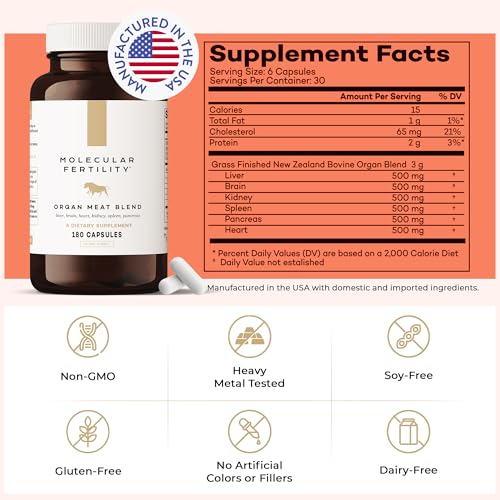 Molecular Fertility Beef Organ Complex - Pasture-Raised, Grass Fed Beef Liver, Brain, Heart, Spleen, Pancreas Blend, Healthy Hormone Balance and Fertility Supplement for Women and Men, 180 Capsules - dailyvitalstore