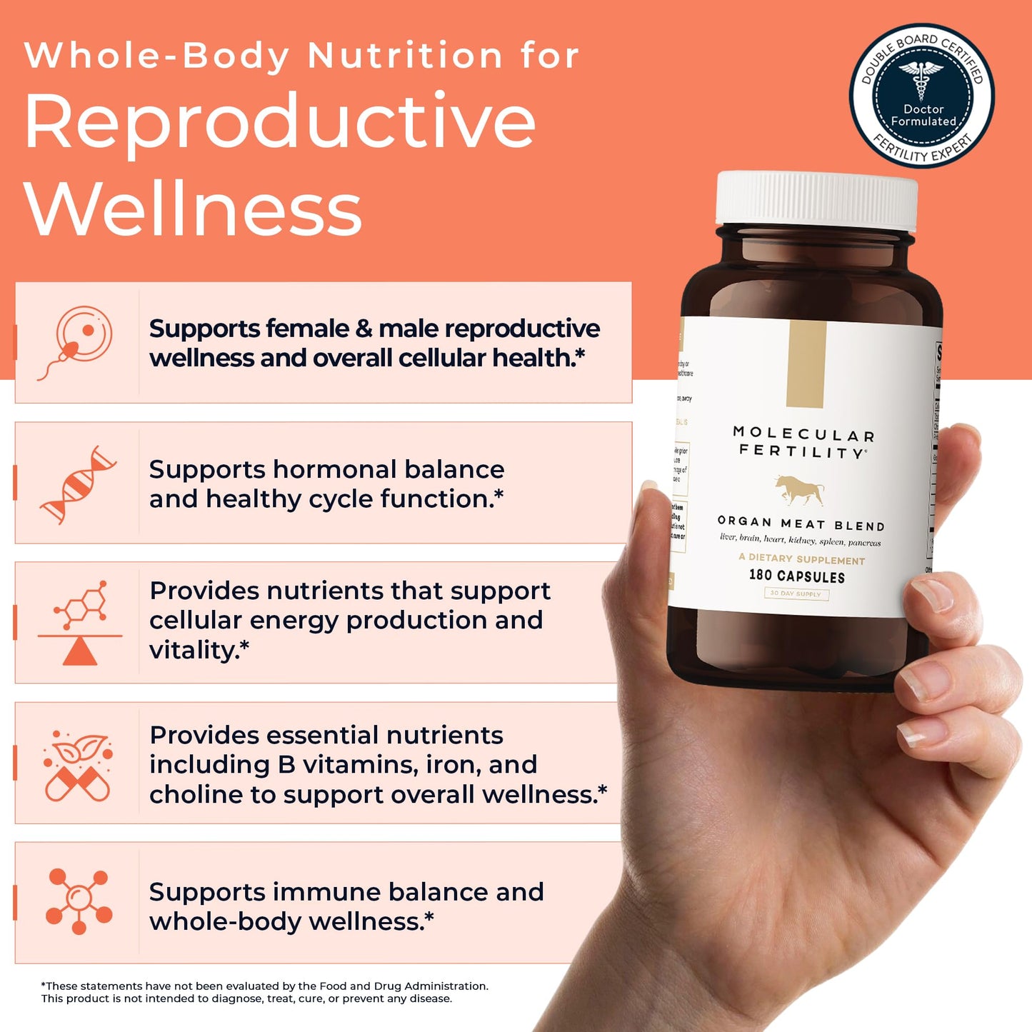 Molecular Fertility Beef Organ Complex - Pasture-Raised, Grass Fed Beef Liver, Brain, Heart, Spleen, Pancreas Blend, Healthy Hormone Balance and Fertility Supplement for Women and Men, 180 Capsules - dailyvitalstore