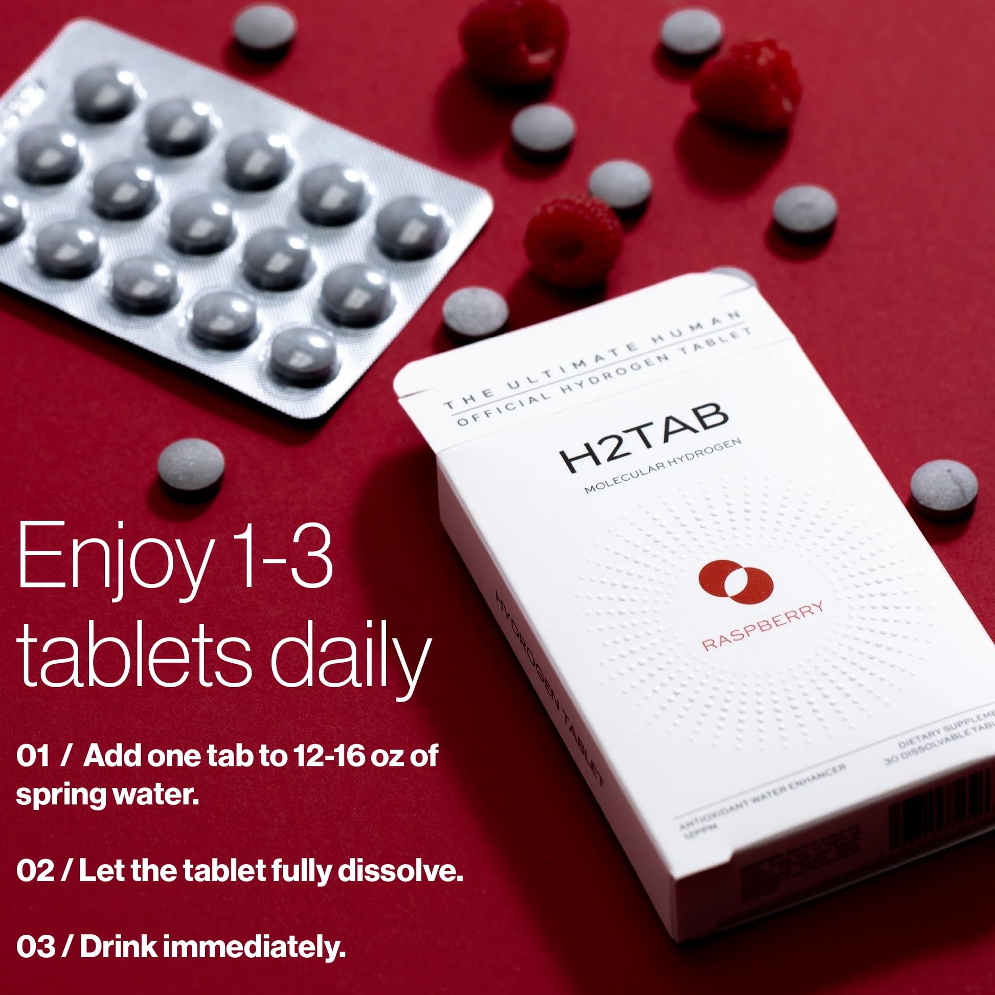 Molecular H2TAB Hydrogen Water Tablets with Magnesium -12 PPM Hydrogen Tablets for Drinking Water -Rich in Antioxidants, Supports Cellular Health, Recovery & Cognitive Function (30 Counts, Raspberry) - dailyvitalstore