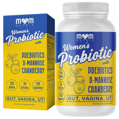 MOM NUTRIX Probiotic for Women - Vaginal, Gut, UT, pH Balance, Feminine & Digestive Health - Prebiotics with Probiotics, Cranberry, D-mannose - Bifidobacterium and Lactobacillus - 120 Capsules - dailyvitalstore