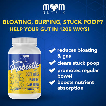 MOM NUTRIX Probiotic for Women - Vaginal, Gut, UT, pH Balance, Feminine & Digestive Health - Prebiotics with Probiotics, Cranberry, D-mannose - Bifidobacterium and Lactobacillus - 120 Capsules - dailyvitalstore