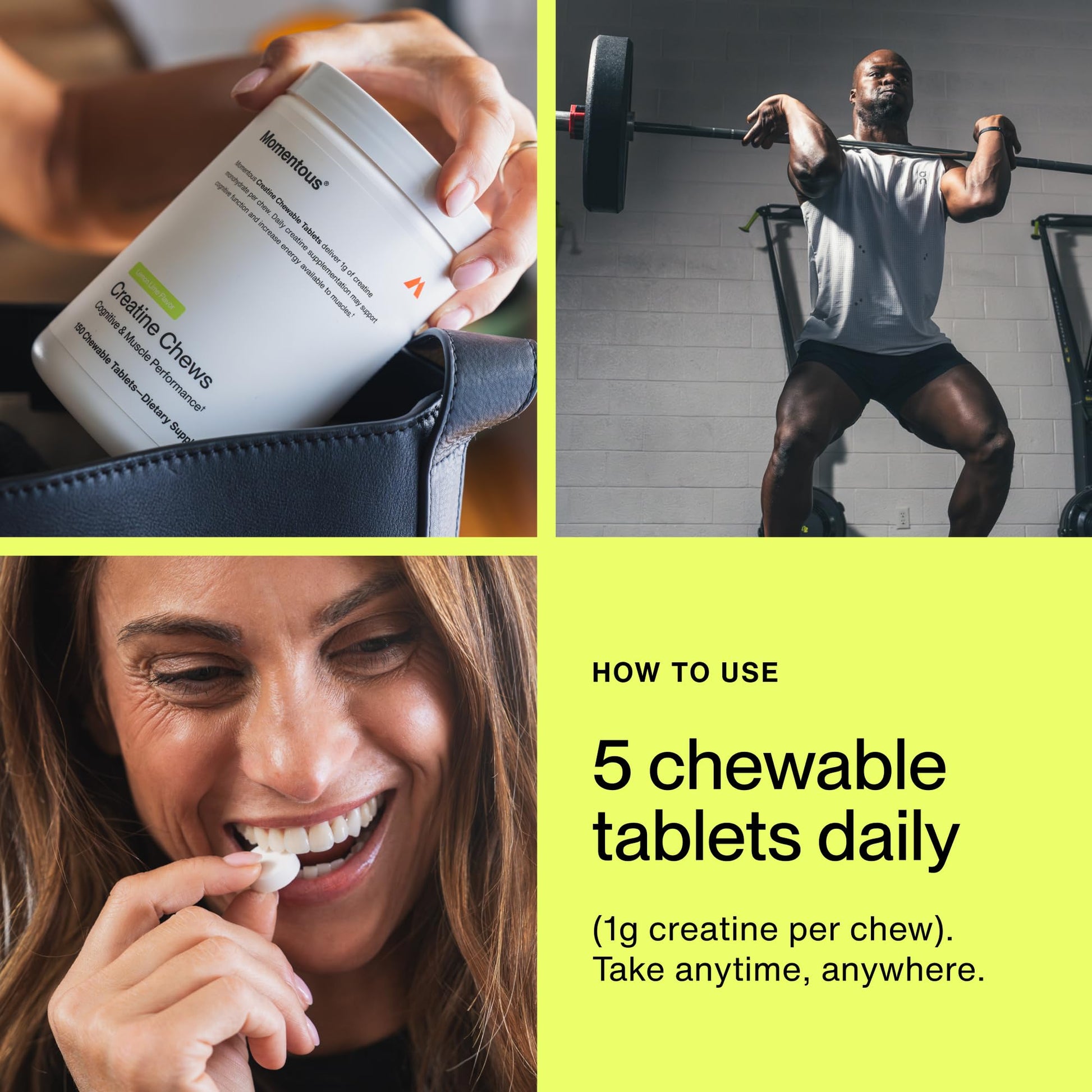Momentous Creatine Chews - Creatine Monohydrate - Supports Strength, Lean Muscle, & Recovery for Men & Women - NSF Certified for Sport - 150 Chewable Tablets - Lemon Lime - dailyvitalstore