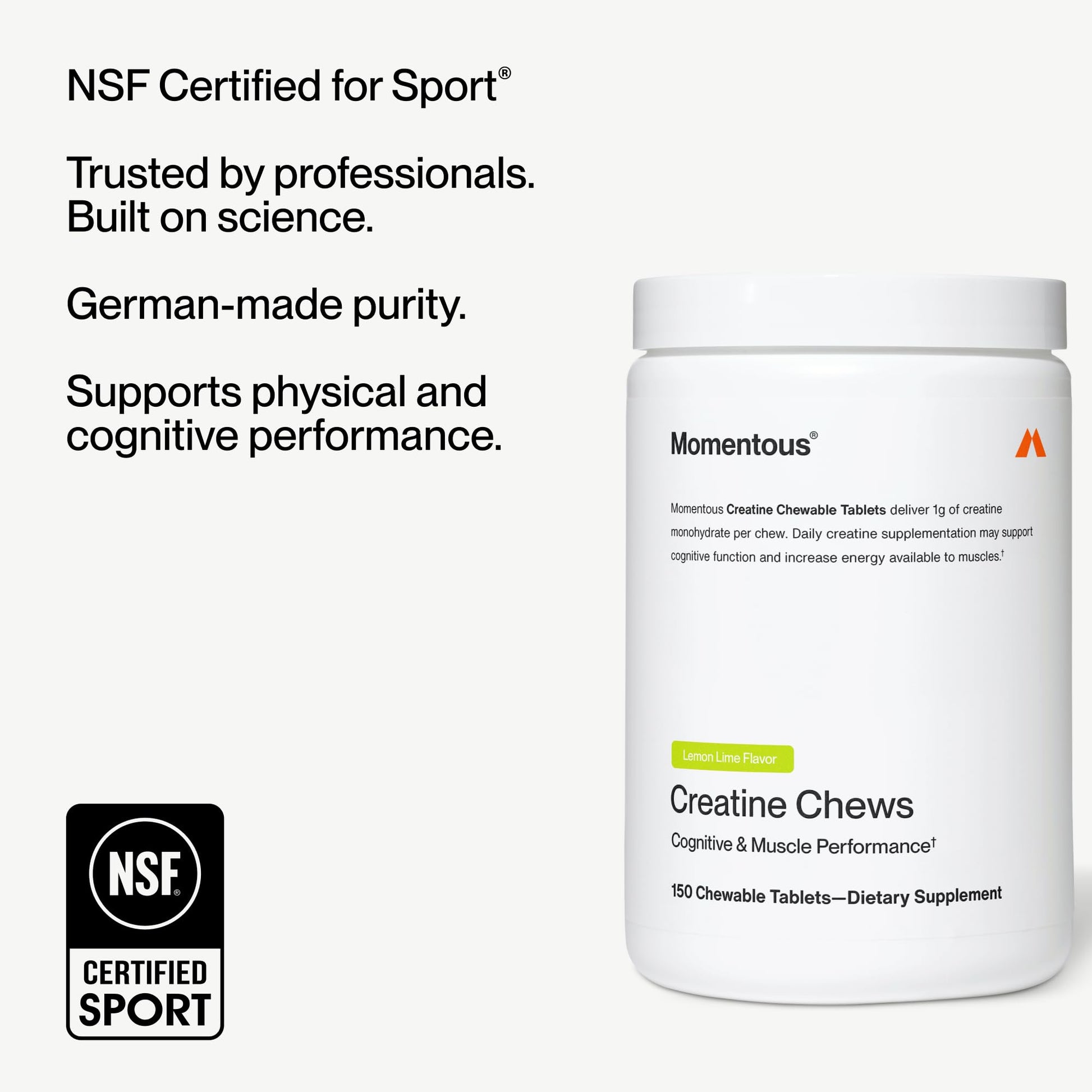 Momentous Creatine Chews - Creatine Monohydrate - Supports Strength, Lean Muscle, & Recovery for Men & Women - NSF Certified for Sport - 150 Chewable Tablets - Lemon Lime - dailyvitalstore