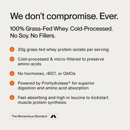 Momentous Essential Grass-Fed Whey Protein Powder - 20 g Whey Isolate Protein - NSF Certified for Sport - Gluten-Free - 12 Servings for Essential Everyday Use - dailyvitalstore