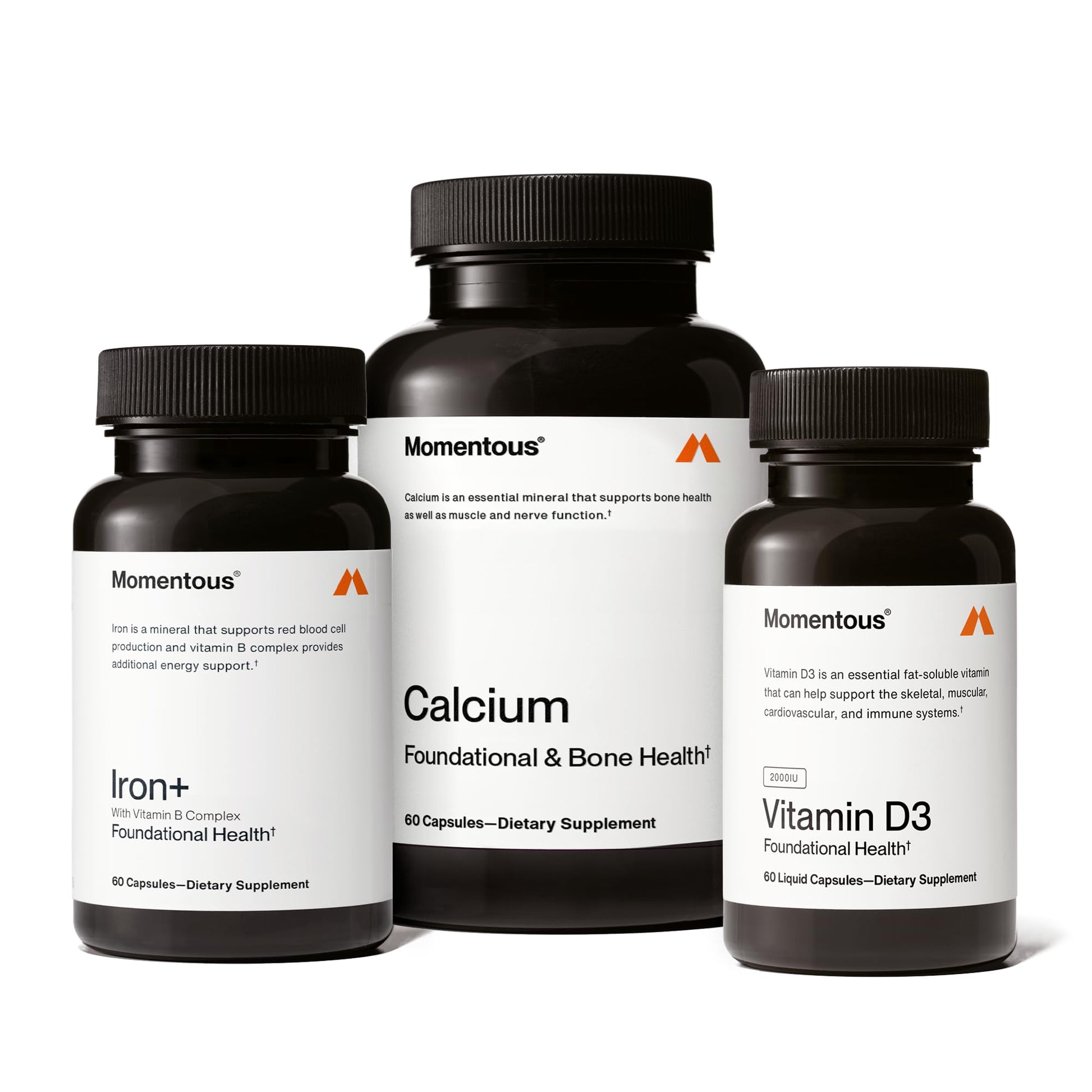 Momentous The Women's Three Bundle - Iron+, Calcium, & Vitamin D3 (2,000 IU) - 3 Critical Nutrients for All Women in 1 Daily Supplement System - NSF Certified for Sport - Gluten-Free - 60 Servings - dailyvitalstore