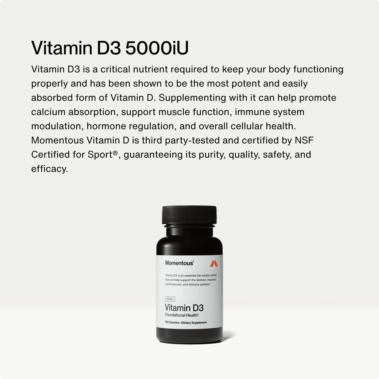 Momentous Vitamin D3 Supplement - 5,000 IU Capsules for Foundational Health Support - NSF Certified for Sport - Gluten Free - 60 Servings - dailyvitalstore