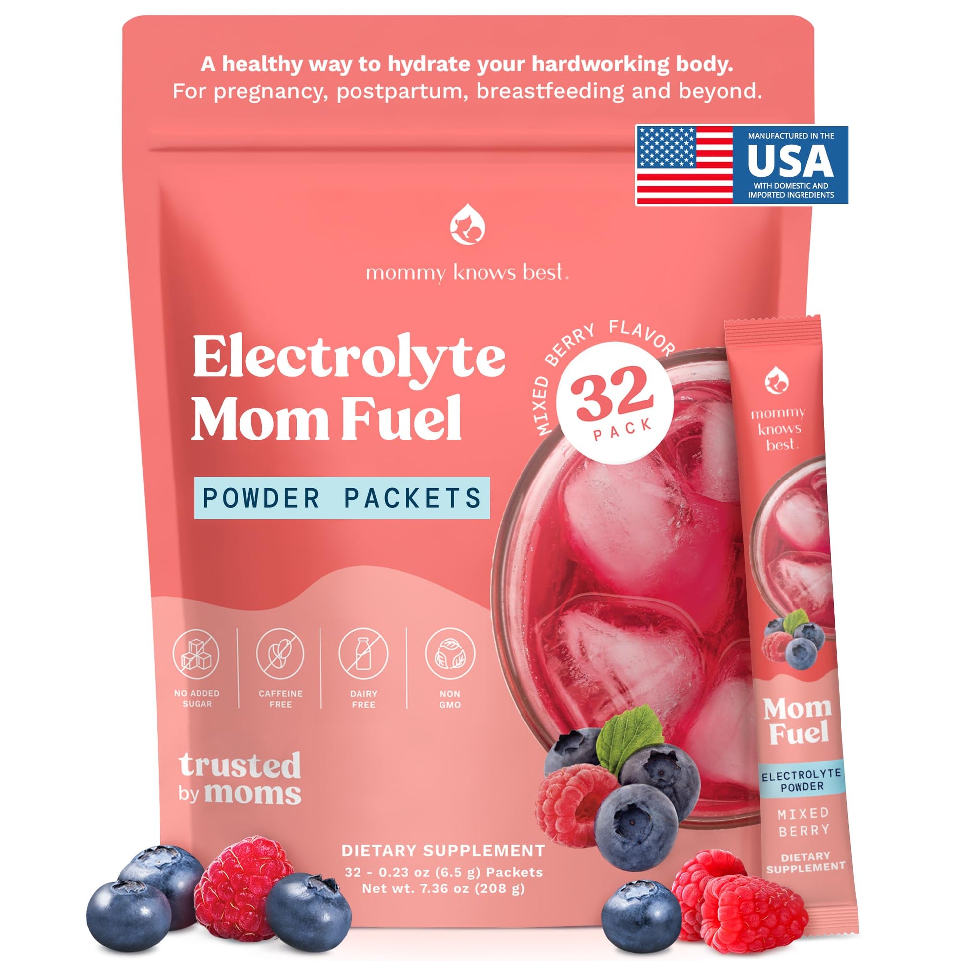Mommy Knows Best Mom Fuel Electrolyte Drink Mix for Moms, Hydration Support - for Pregnancy, Prenatal, Electrolytes + Trace Minerals, Lactation Drink Mix Supplement (32 Count) - dailyvitalstore