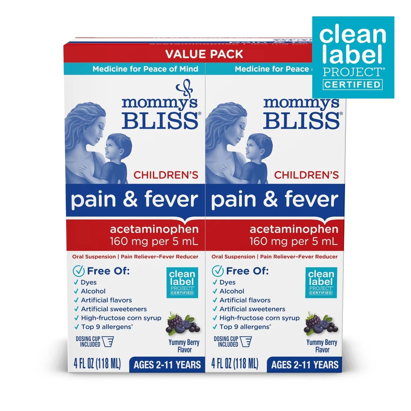 Mommy's Bliss Children's Pain and Fever Reducer, Kids Acetaminophen, Dye Free, Delicious Mixed Berry Flavor, Ages 2+, 4 Fluid Ounces (Pack of 2) - dailyvitalstore