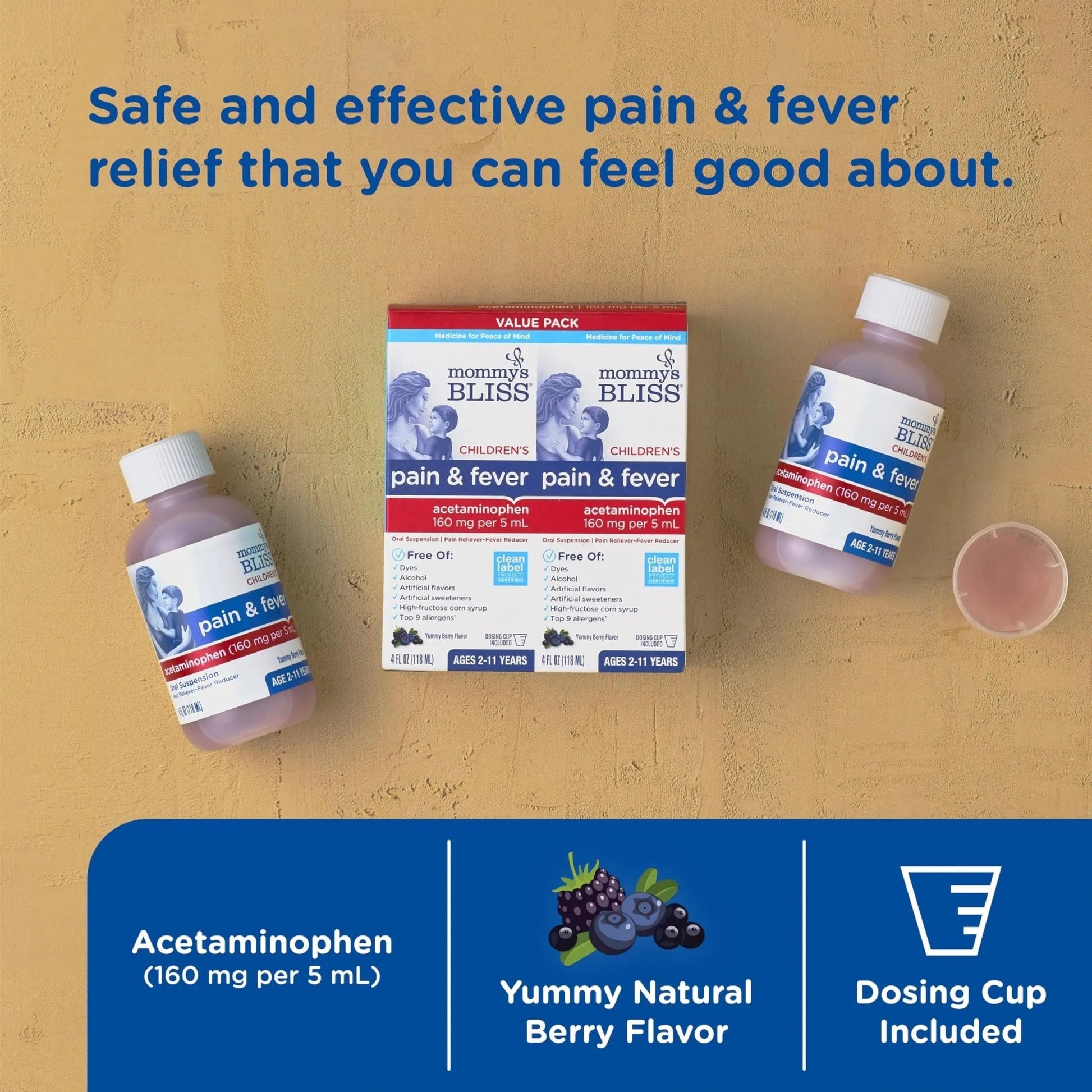 Mommy's Bliss Children's Pain and Fever Reducer, Kids Acetaminophen, Dye Free, Delicious Mixed Berry Flavor, Ages 2+, 4 Fluid Ounces (Pack of 2) - dailyvitalstore