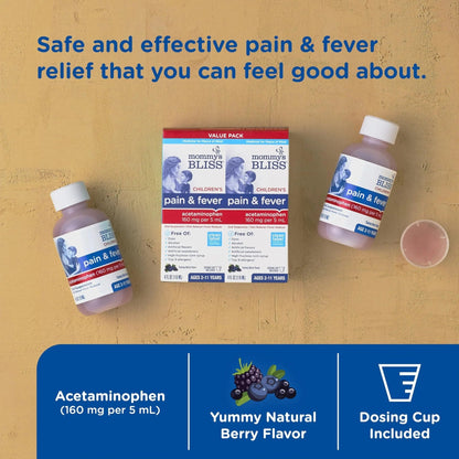 Mommy's Bliss Children's Pain and Fever Reducer, Kids Acetaminophen, Dye Free, Delicious Mixed Berry Flavor, Ages 2+, 4 Fluid Ounces (Pack of 2) - dailyvitalstore