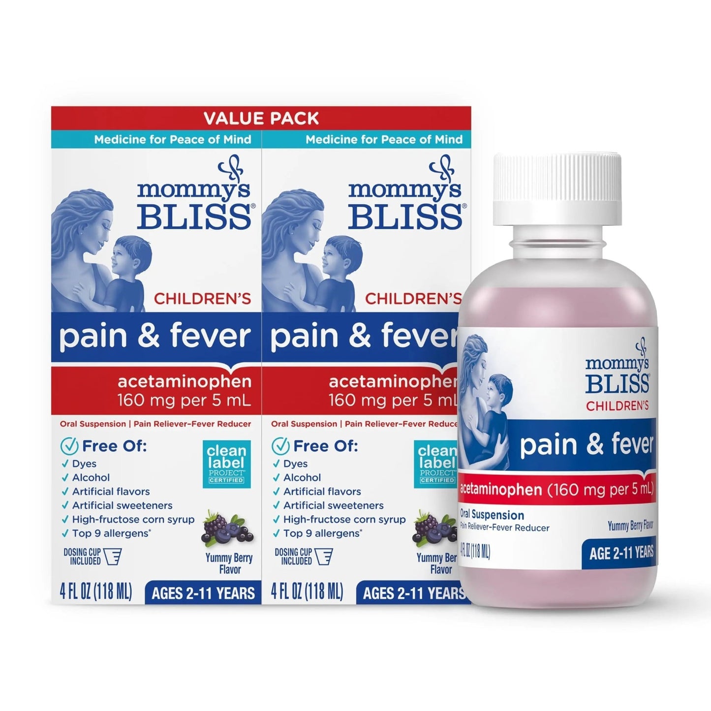 Mommy's Bliss Children's Pain and Fever Reducer, Kids Acetaminophen, Dye Free, Delicious Mixed Berry Flavor, Ages 2+, 4 Fluid Ounces (Pack of 2) - dailyvitalstore