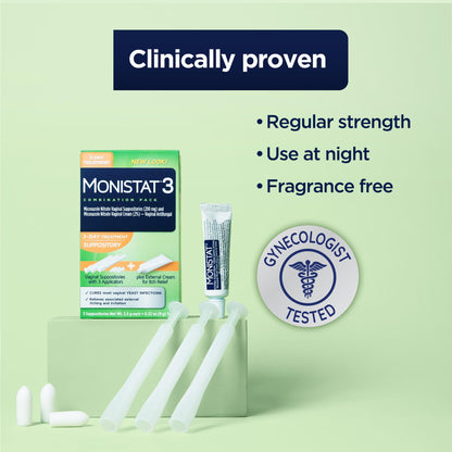 Monistat 3-Day Yeast Infection Treatment for Women, 3 Miconazole Vaginal Suppositories & External Itch Relief Cream (9g Tube) Combo Pack - dailyvitalstore