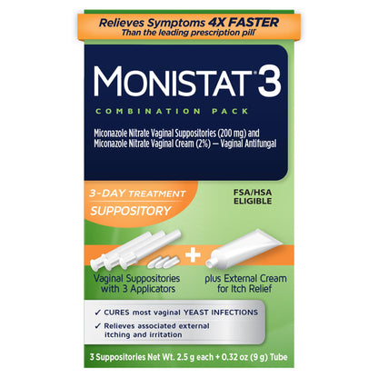 Monistat 3-Day Yeast Infection Treatment for Women, 3 Miconazole Vaginal Suppositories & External Itch Relief Cream (9g Tube) Combo Pack - dailyvitalstore