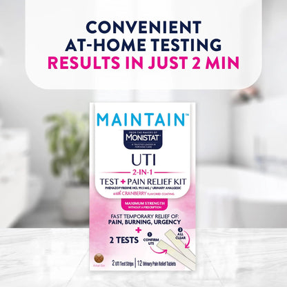 Monistat Maintain UTI 2-in-1 Test & Pain Relief Kit, 2 Test Strips & 12 Urinary Pain Relief Tablets, 2 Minute Results and Maximum Strength Pain, Burning and Urgency Relief - dailyvitalstore