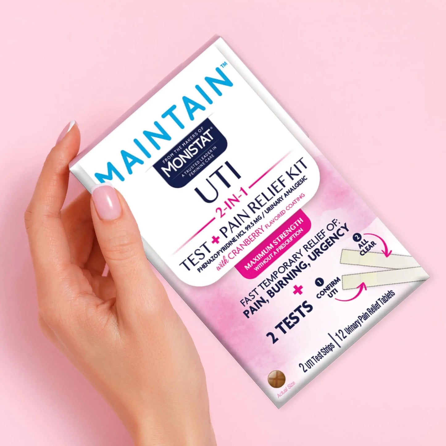 Monistat Maintain UTI 2-in-1 Test & Pain Relief Kit, 2 Test Strips & 12 Urinary Pain Relief Tablets, 2 Minute Results and Maximum Strength Pain, Burning and Urgency Relief - dailyvitalstore