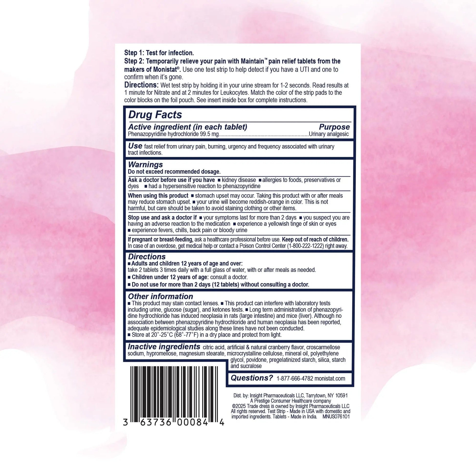 Monistat Maintain UTI 2-in-1 Test & Pain Relief Kit, 2 Test Strips & 12 Urinary Pain Relief Tablets, 2 Minute Results and Maximum Strength Pain, Burning and Urgency Relief - dailyvitalstore