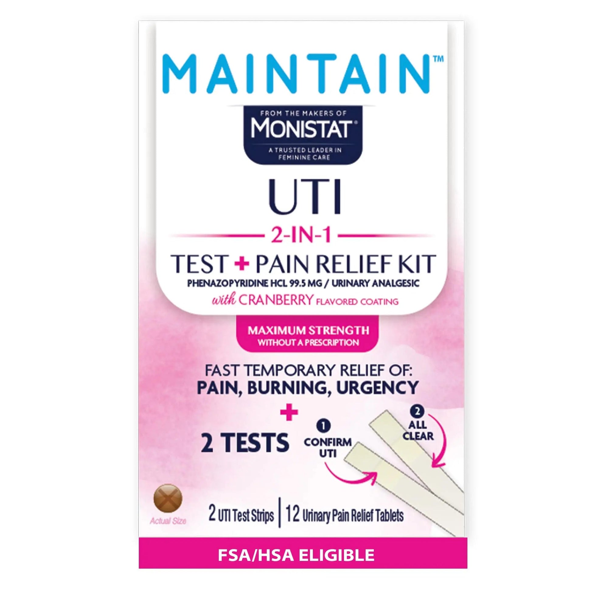 Monistat Maintain UTI 2-in-1 Test & Pain Relief Kit, 2 Test Strips & 12 Urinary Pain Relief Tablets, 2 Minute Results and Maximum Strength Pain, Burning and Urgency Relief - dailyvitalstore