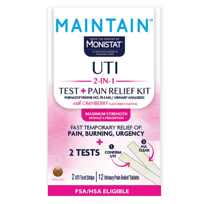 Monistat Maintain UTI 2-in-1 Test & Pain Relief Kit, 2 Test Strips & 12 Urinary Pain Relief Tablets, 2 Minute Results and Maximum Strength Pain, Burning and Urgency Relief - dailyvitalstore