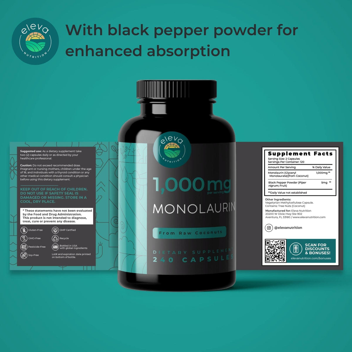 Monolaurin 1000mg Capsules — Made with Pure Glycerol and Lauric Acid from Raw Coconut — Natural Vegans- Non-GMO and Soy Free — 240 Capsules - dailyvitalstore