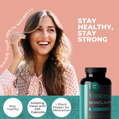 Monolaurin 1000mg Capsules — Made with Pure Glycerol and Lauric Acid from Raw Coconut — Natural Vegans- Non-GMO and Soy Free — 240 Capsules - dailyvitalstore