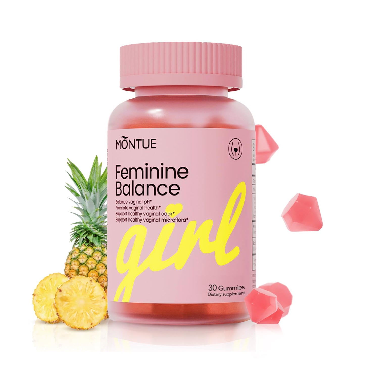 Montue Premium Diamond Feminine Balance Gummies-pH Balance with Prebiotics & Lactobacillus Probiotic Blend&Hawaiian Pineapple Immune Support,Vegan& Non-GMO（30 Gummies） - dailyvitalstore