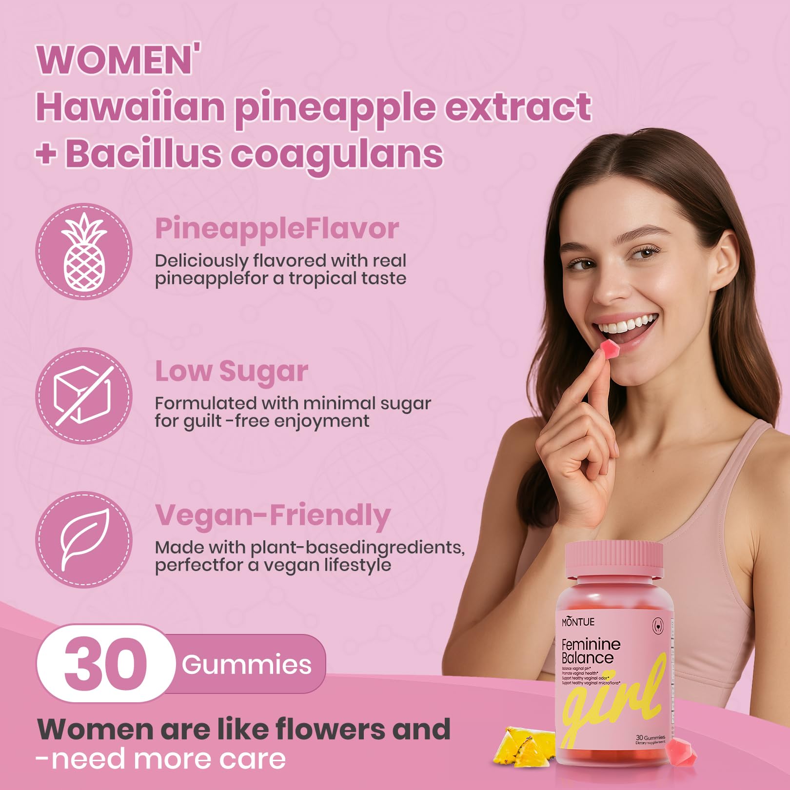 Montue Premium Diamond Feminine Balance Gummies-pH Balance with Prebiotics & Lactobacillus Probiotic Blend&Hawaiian Pineapple Immune Support,Vegan& Non-GMO（30 Gummies） - dailyvitalstore