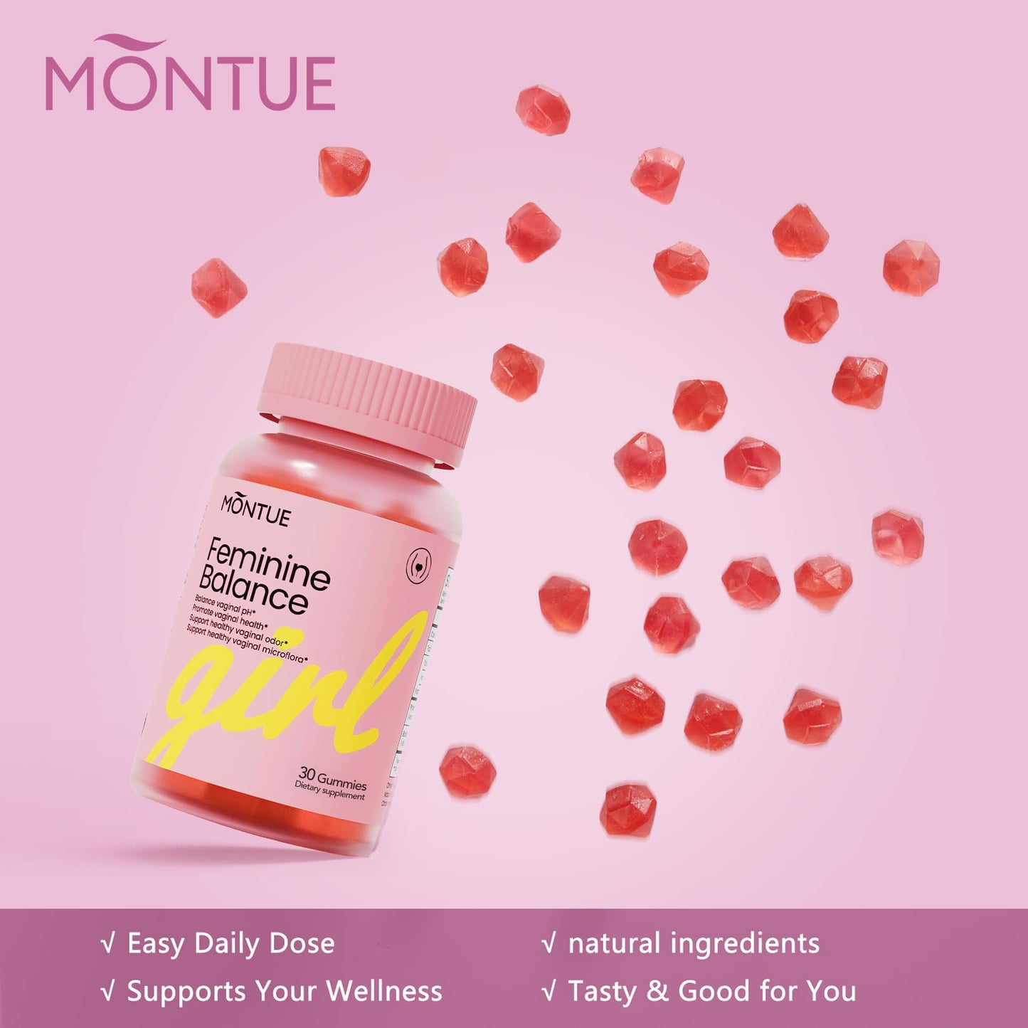 Montue Premium Diamond Feminine Balance Gummies-pH Balance with Prebiotics & Lactobacillus Probiotic Blend&Hawaiian Pineapple Immune Support,Vegan& Non-GMO（30 Gummies） - dailyvitalstore