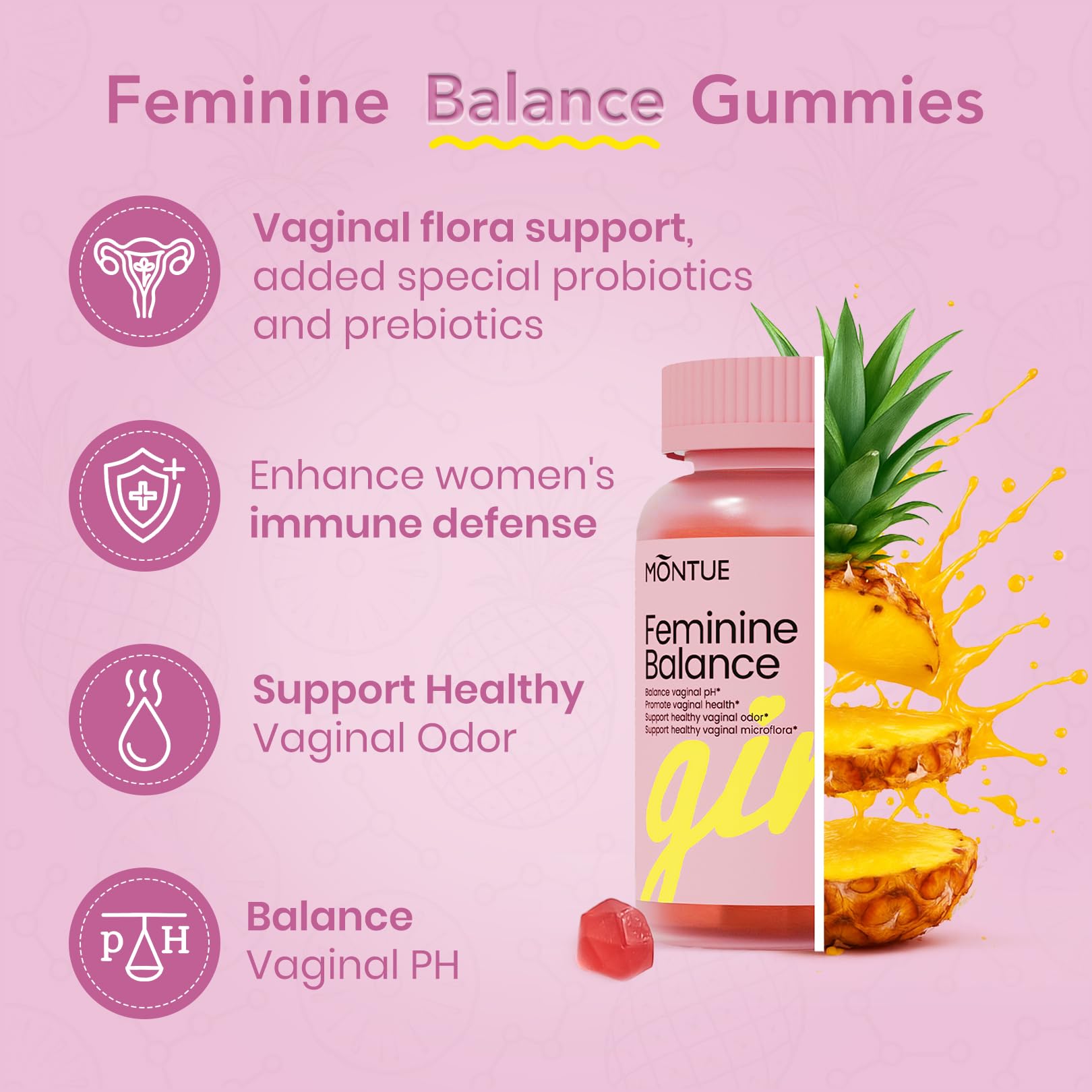Montue Premium Diamond Feminine Balance Gummies-pH Balance with Prebiotics & Lactobacillus Probiotic Blend&Hawaiian Pineapple Immune Support,Vegan& Non-GMO（30 Gummies） - dailyvitalstore