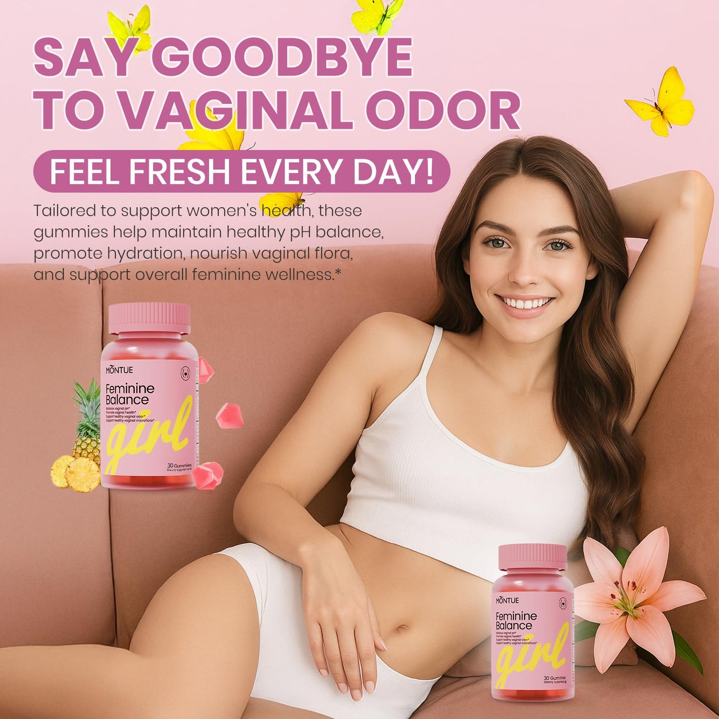 Montue Premium Diamond Feminine Balance Gummies-pH Balance with Prebiotics & Lactobacillus Probiotic Blend&Hawaiian Pineapple Immune Support,Vegan& Non-GMO（30 Gummies） - dailyvitalstore