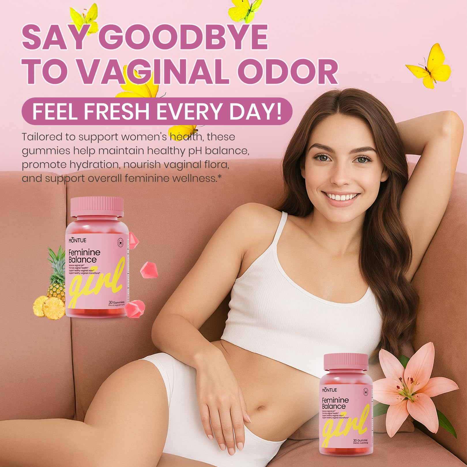 Montue Premium Diamond Feminine Balance Gummies-pH Balance with Prebiotics & Lactobacillus Probiotic Blend&Hawaiian Pineapple Immune Support,Vegan& Non-GMO（30 Gummies） - dailyvitalstore