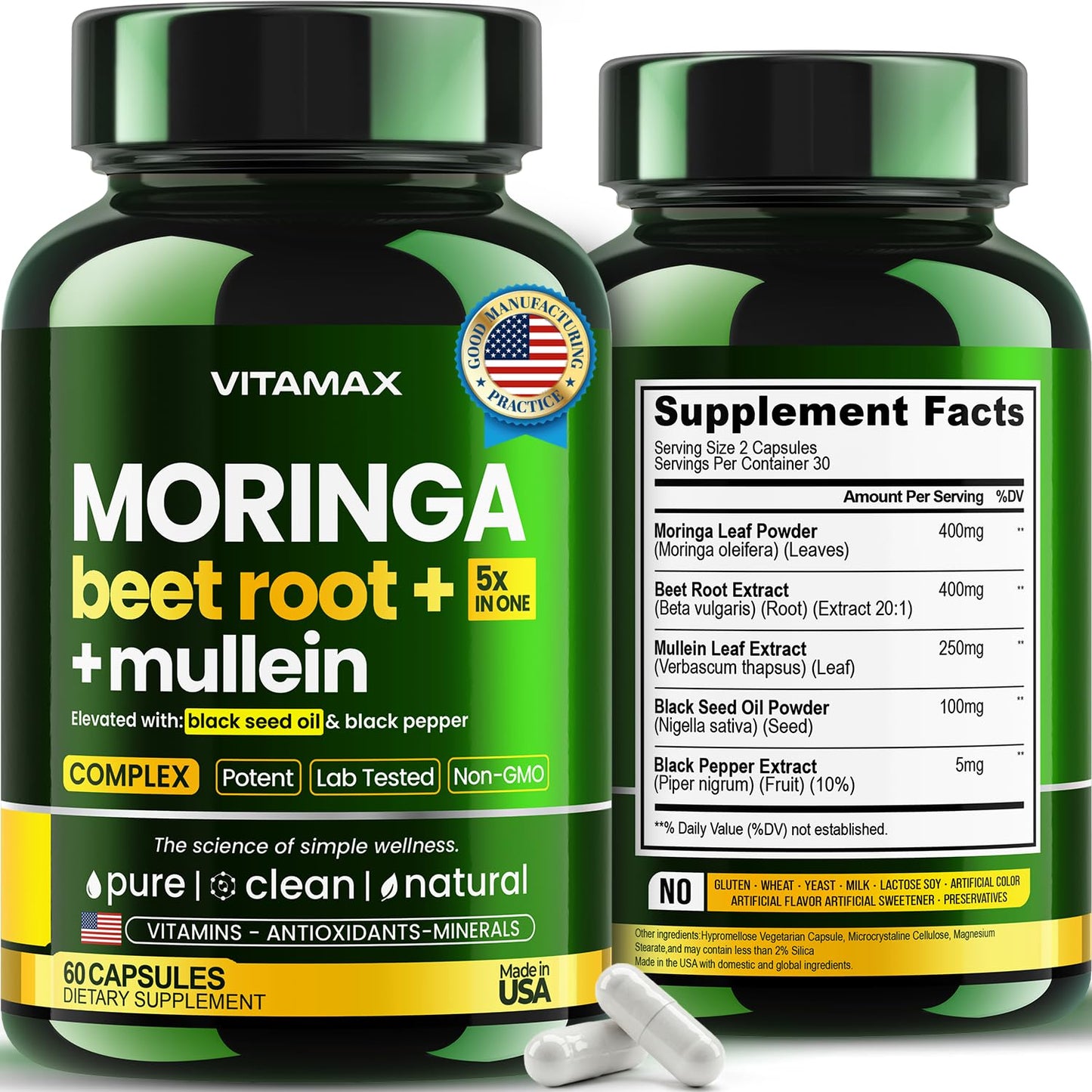 Moringa Capsules, Beet Root, Mullein Leaf - Energy, Skin, Immune Supplement Superfood, Rich in Antioxidants, Minerals & Essential Vitamins - High Absorption Non-GMO - Made in USA - 60ct - dailyvitalstore