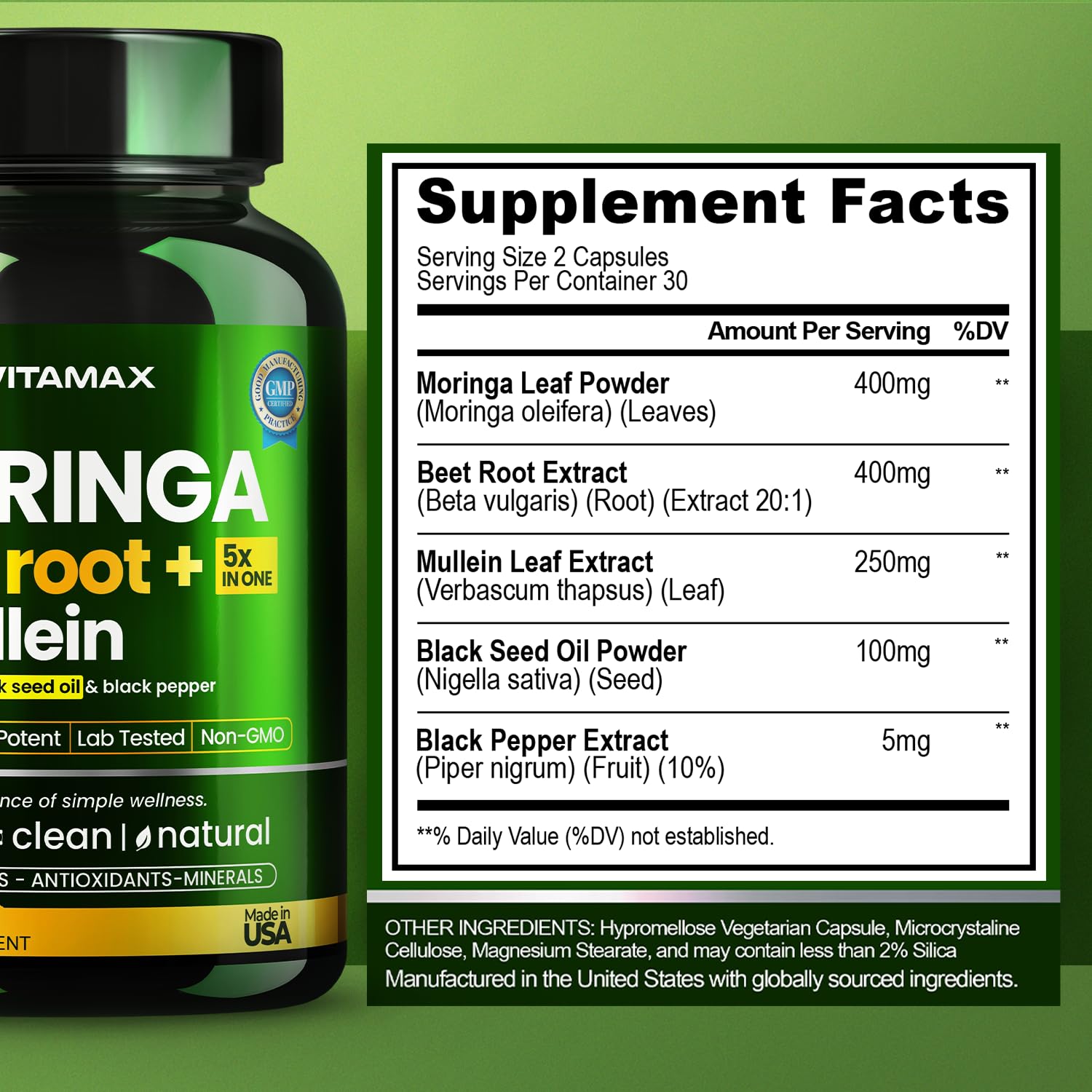 Moringa Capsules, Beet Root, Mullein Leaf - Energy, Skin, Immune Supplement Superfood, Rich in Antioxidants, Minerals & Essential Vitamins - High Absorption Non-GMO - Made in USA - 60ct - dailyvitalstore