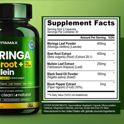 Moringa Capsules, Beet Root, Mullein Leaf - Energy, Skin, Immune Supplement Superfood, Rich in Antioxidants, Minerals & Essential Vitamins - High Absorption Non-GMO - Made in USA - 60ct - dailyvitalstore