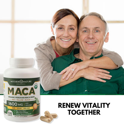 Mother Nature Organic Maca Root Capsules – 1600mg, 120 Vegan Capsules – Non GMO Peruvian Yellow, Red & Black Maca for Men & Women - Energy, Hormone, Brain & Weight Well-Being - dailyvitalstore
