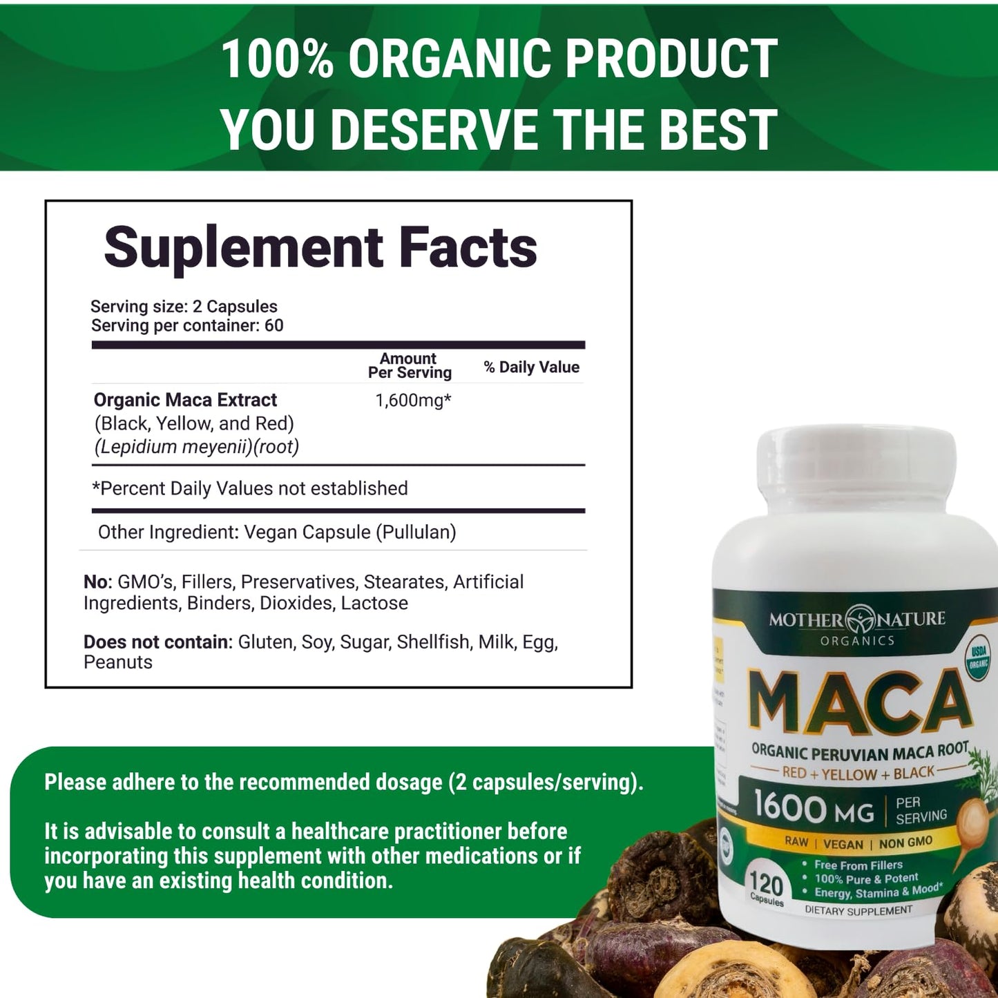 Mother Nature Organic Maca Root Capsules – 1600mg, 120 Vegan Capsules – Non GMO Peruvian Yellow, Red & Black Maca for Men & Women - Energy, Hormone, Brain & Weight Well-Being - dailyvitalstore