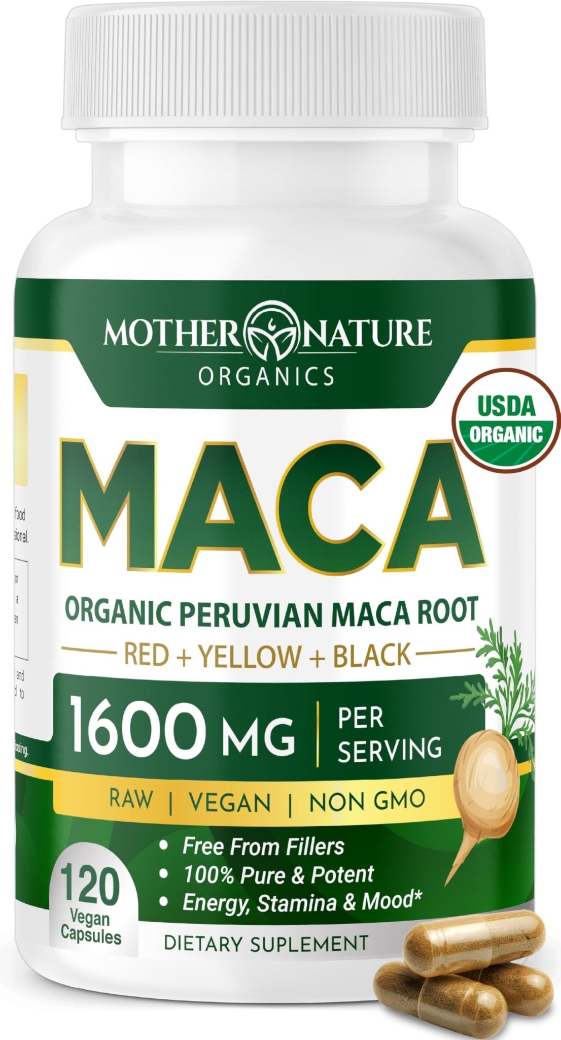 Mother Nature Organic Maca Root Capsules – 1600mg, 120 Vegan Capsules – Non GMO Peruvian Yellow, Red & Black Maca for Men & Women - Energy, Hormone, Brain & Weight Well-Being - dailyvitalstore