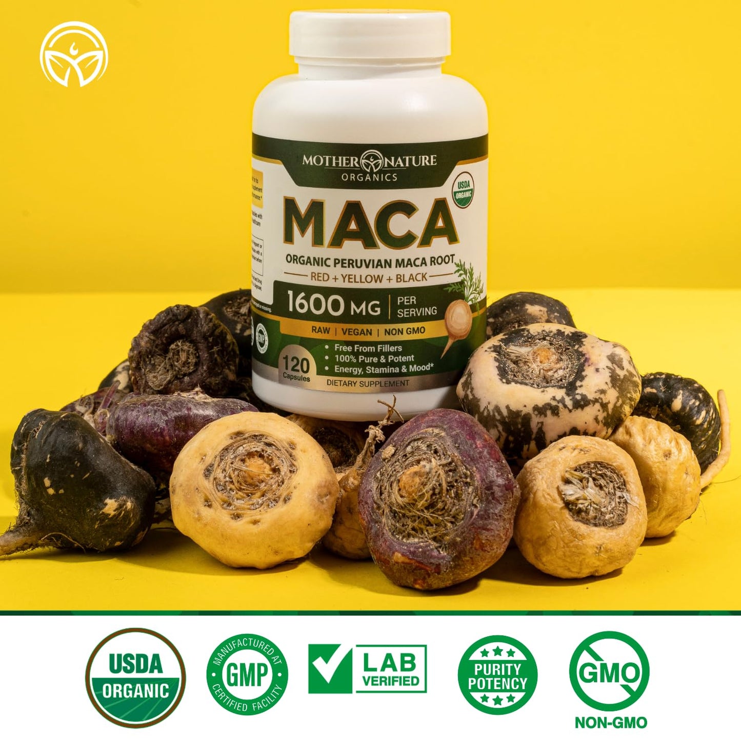 Mother Nature Organic Maca Root Capsules – 1600mg, 120 Vegan Capsules – Non GMO Peruvian Yellow, Red & Black Maca for Men & Women - Energy, Hormone, Brain & Weight Well-Being - dailyvitalstore