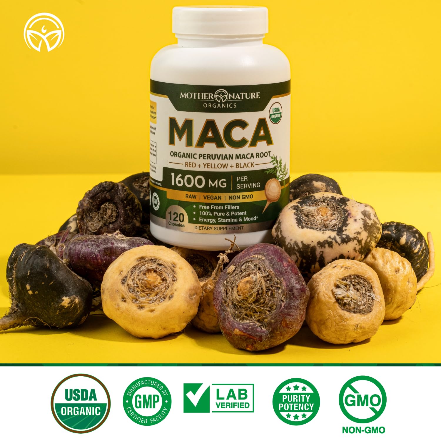 Mother Nature Organic Maca Root Capsules – 1600mg, 120 Vegan Capsules – Non GMO Peruvian Yellow, Red & Black Maca for Men & Women - Energy, Hormone, Brain & Weight Well-Being - dailyvitalstore
