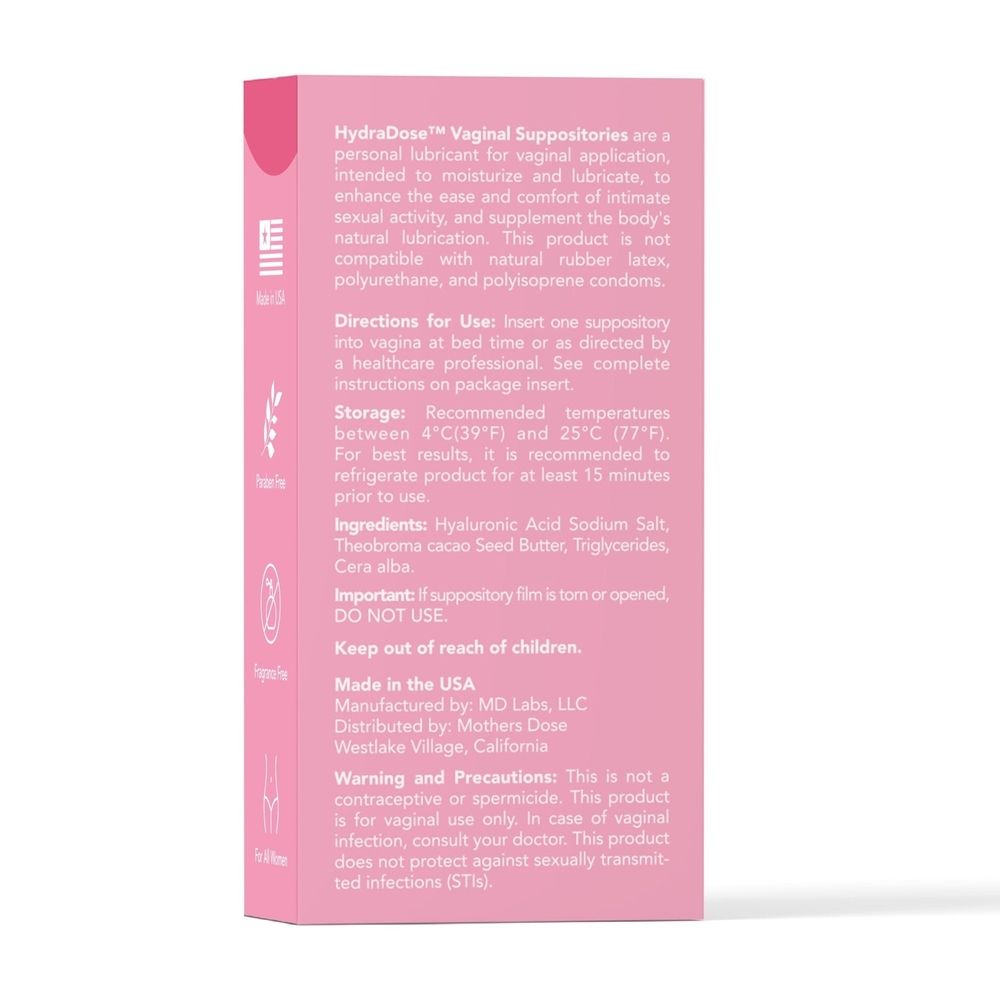 Mother's Dose Hyaluronic Acid Suppository HydraDose- Hormone Free Moisturizer for Vaginal Dryness-USA Made in an FDA Registered Facility, 1 Month Supply- 10 Inserts - dailyvitalstore